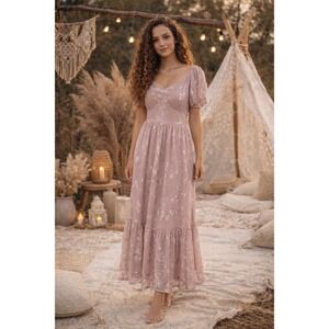 Ember Mauve Pink Boho Burnout Dress Sz M Lined Milkmaid Garden Fairy Coquette